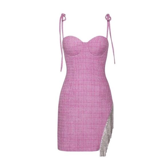 Miss Circle Rosie Fuchsia Tweed Crystal Fringe Mini Dress Pink Size M NEW